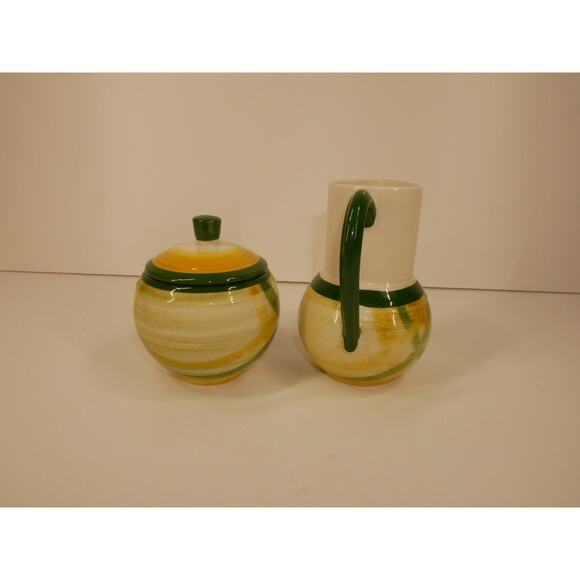 Vernonware Gingham Green Lidded Sugar Bowl And Creamer Set Hand Painted Vintage - Picture 2 of 13